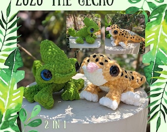 May include: A crochet pattern for Momo the Chameleon and Zuzu the Gecko. The image displays two crocheted toys: a green chameleon with blue eyes and a tan and brown gecko. The text reads "2 in 1 PDF Crochet Pattern".