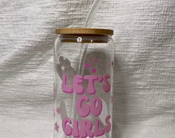 Let’s go girls|Cow girl|Tumbler| Iced Coffee| Juice Boba| Smoothie| Beer Can Glass Cup| 16oz/473ml, Glass Straw and Lid| Libbey Glass