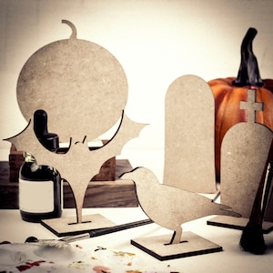 DIY Halloween houten uitsparingen onvoltooide Halloween Bat Crow Ghost Grafsteen Pompoenvormen voor creatieve decoratie Party Classroom Art Class