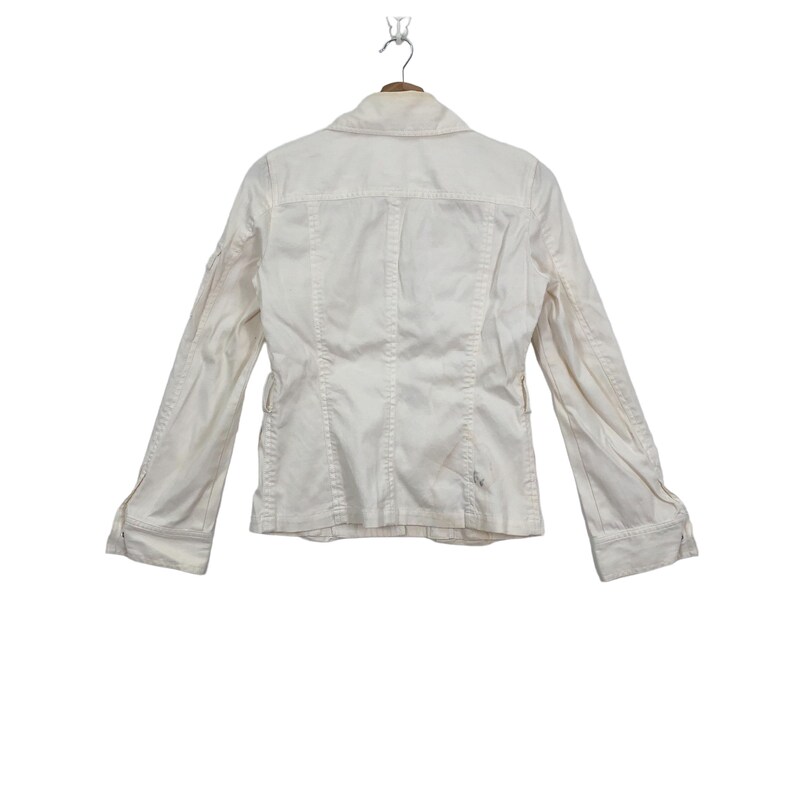 May include: A white, long-sleeved jacket with a button-up front and a collar. The jacket has a fitted silhouette and is made of a lightweight fabric.