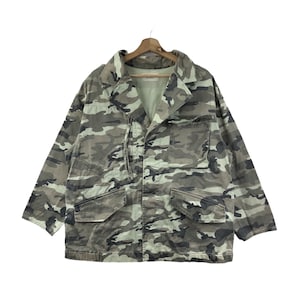 May include: A camouflage jacket with a button-up front and two large pockets. The jacket is made of a lightweight fabric and has a relaxed fit.