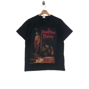 May include: Black t-shirt with a graphic print of a band called "Disastrous Murmur". The graphic features a bloody scene with three figures.