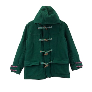 May include: A green hooded wool coat with a colorful toggle closure and two front pockets.