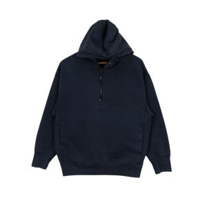 May include: A dark blue hooded sweatshirt with a half-zip closure. The sweatshirt has a relaxed fit and a drawstring hood.