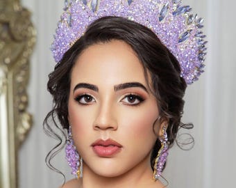 Handmade Lilac Crystal Quinceañera Crown, Princess Tiara