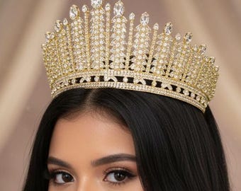 Gold Cubic Zirconia Quinceañera Crown, Luxury Bridal Tiara