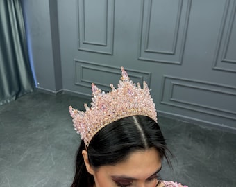 Pink Gold Quinceanera Crown: Bridal Wedding Tiara