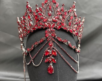 Burgundy Royal Crystal Crown – Handmade Rhinestone Quinceañera & Bridal Tiara