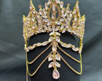 Rose Gold Crystal Crown – Handmade Rhinestone Royal Tiara for Quinceañera & Bridal