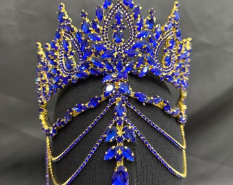 Royal Blue Gold Crystal Crown – Handmade Rhinestone Tiara for Quinceañera & Bridal