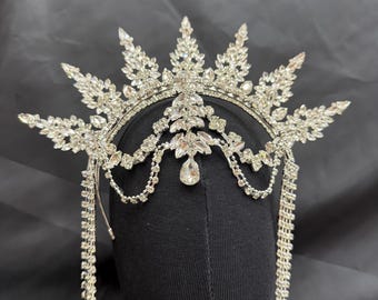 White Crystal Flame Headdress – Handmade Rhinestone Crown for Quinceañera & Bridal
