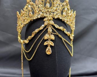 Gold Crystal Royal Crown – Handmade Rhinestone Tiara for Quinceañera & Bridal