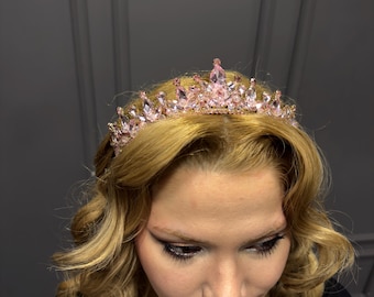 Pink Crystal Crown Tiara – Quinceañera Crown, Bridal Headpiece, Luxury Rhinestone Tiara, Gold Base Princess Crown