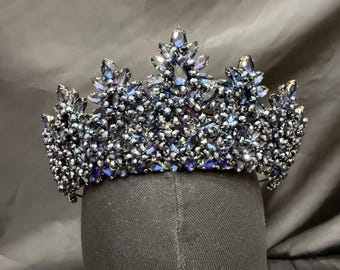 Navy Blue Crystal Crown – Handmade Rhinestone Quinceañera Tiara