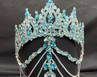 Aqua Blue Royal Crystal Crown – Handmade Rhinestone Quinceañera & Bridal Tiara