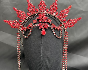 Red Crystal Flame Headdress – Handmade Rhinestone Crown for Quinceañera & Bridal