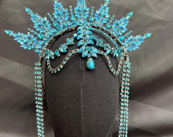 Turquoise Crystal Flame Headdress – Handmade Rhinestone Crown for Quinceañera & Bridal