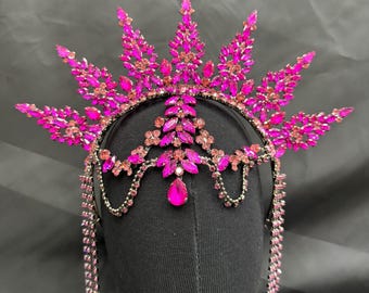 Hot Pink Crystal Flame Headdress – Handmade Rhinestone Crown for Quinceañera & Bridal