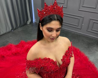 Red Crystal Quinceanera Tiara: Tall Red Queen Crown - Etsy display picture 1