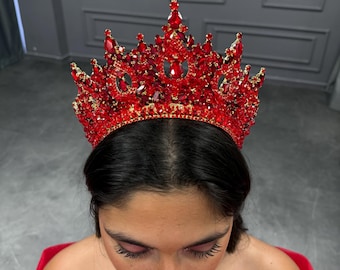 Red Crystal Quinceañera Tiara, Handmade Gold Sweet 15 Crown