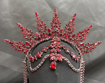 Burgundy Crystal Flame Headdress – Handmade Rhinestone Crown for Quinceañera & Bridal