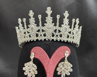 Zircon Bridal Crown and Earrings Set, Silver Wedding Tiara