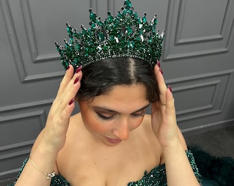 Emerald Green Crystal Tiara, Handmade Quinceañera Crown