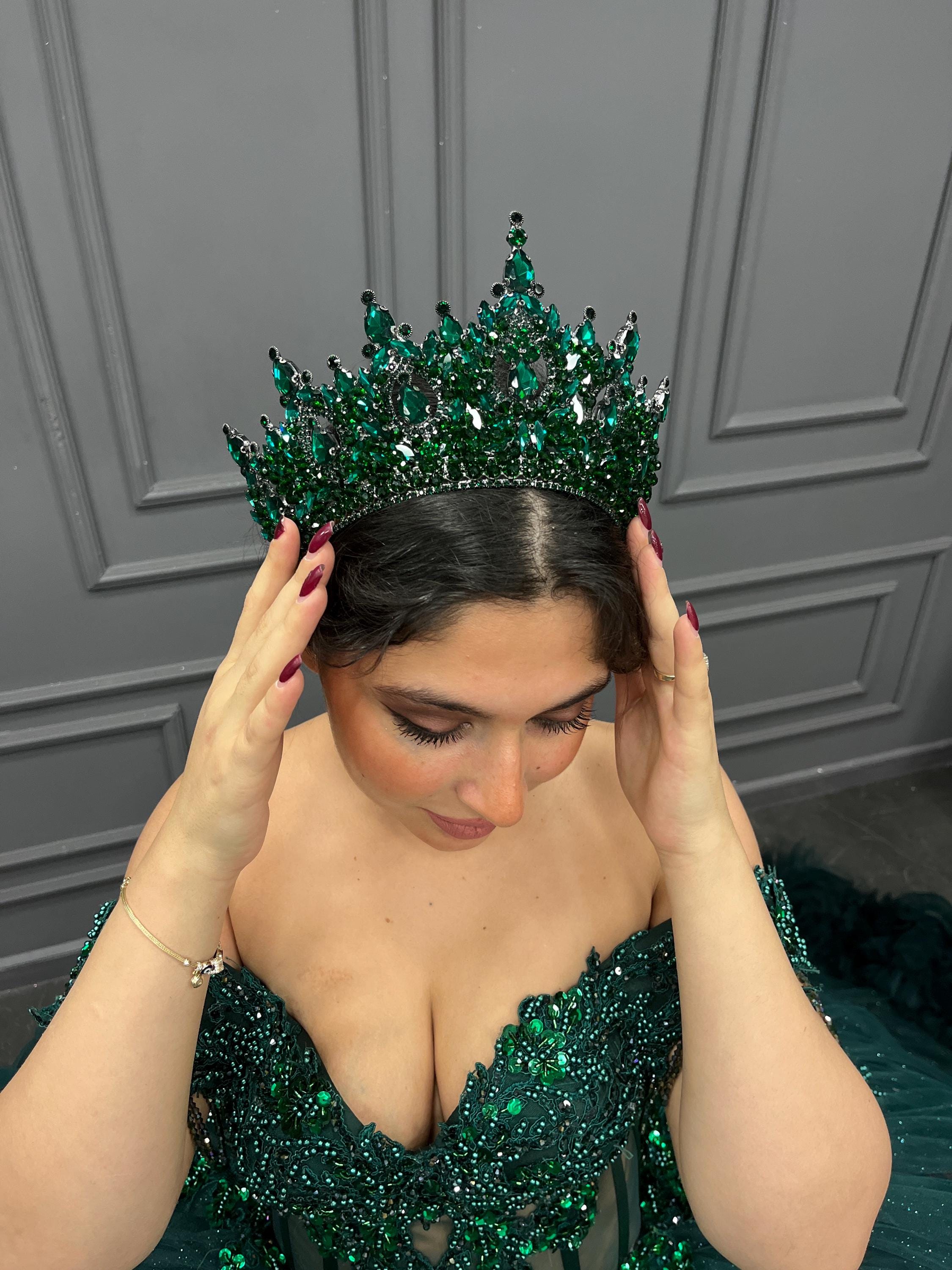Flower Crystal Crown, Victorian royalty crown, Emerald tiara, Quinceanera crown Emerald Green & Gold Tiara: Quinceanera, Wedding, Birthday  main image 2