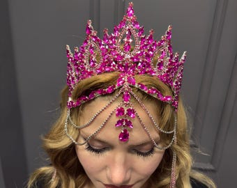 Hot Pink Quinceañera Crown with Chains, Fuchsia Quince Tiara, Princess Crown, Crystal Headpiece