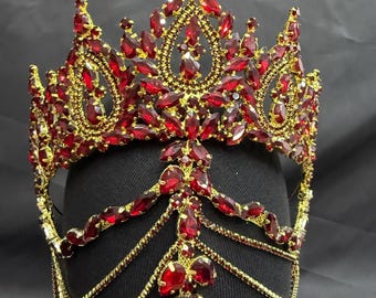 Red Gold Crystal Crown – Handmade Rhinestone Royal Tiara for Quinceañera & Bridal