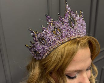Handcrafted Lilac Crystal Quinceañera Crown, Gold Base Tiara, Princess Headpiece