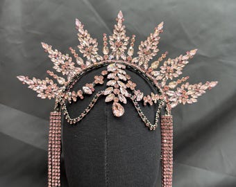 Pink Crystal Flame Headdress – Handmade Rhinestone Crown for Quinceañera & Bridal
