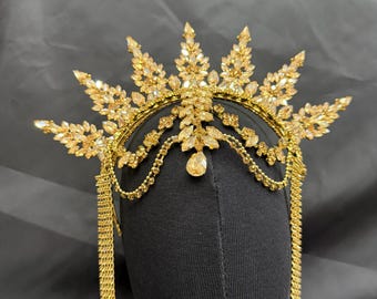Gold Crystal Flame Headdress – Handmade Rhinestone Crown for Quinceañera & Bridal