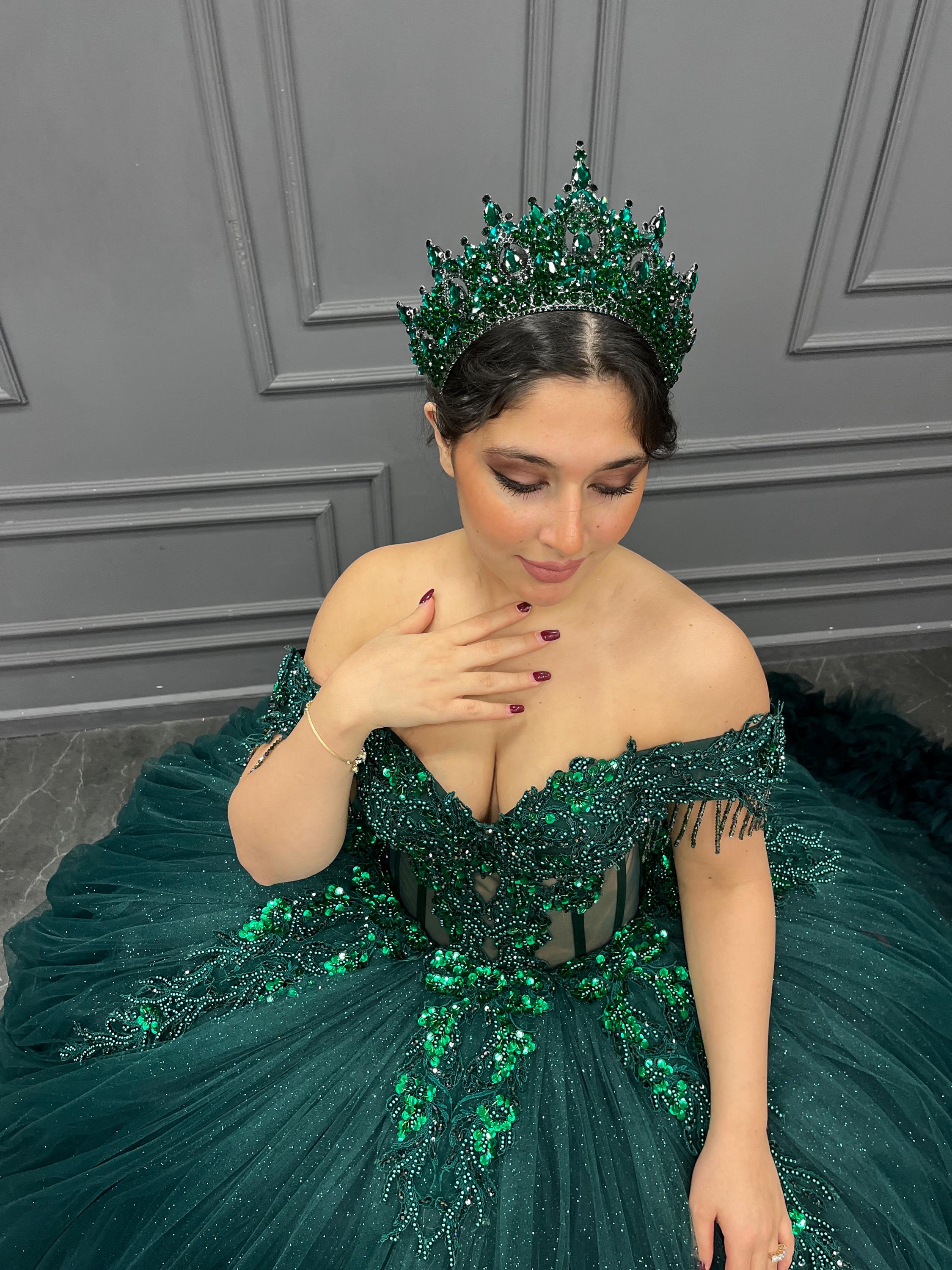 Emerald Green Crystal Tiara, Handmade Quinceañera Crown - Etsy display picture 1