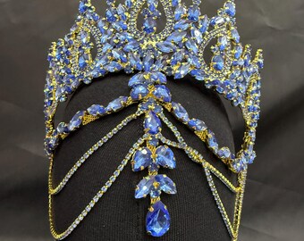 Blue Gold Crystal Crown – Handmade Rhinestone Royal Tiara for Quinceañera & Bridal
