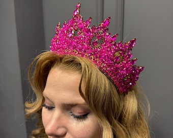 Hot Pink Crystal Quinceañera Crown, Gold Base Tiara, Princess Headpiece
