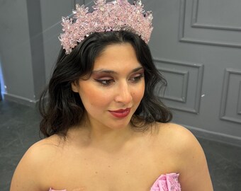Pink Crystal Quinceanera Crown, Bridal Tiara