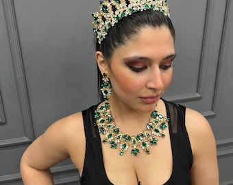 Green Gold Crown Set, Necklace Set, Earrings, Quinceanera Crown, Wedding Crown, Bridal, Bride, Tiara, Corona, Tiara Set