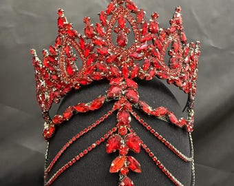 Red Crystal Royal Crown – Handmade Rhinestone Tiara for Quinceañera & Bridal