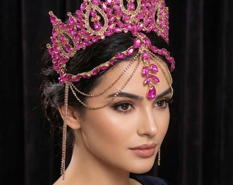 Fuchsia Gold Crystal Royal Crown – Handmade Rhinestone Tiara for Quinceañera & Bridal