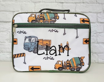 Kids Personalized Monogrammed Lunch Box | Children's  Insulated Lunch Tote | Custom Embroidered | Toddler Snack Bag | Construction Trucks