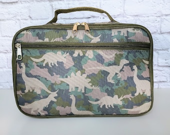 Personalized Kids Lunch Box | Embroidered Monogram | Insulated Dinosaur Lunch tote | Camouflage | Toddler Snack Bag