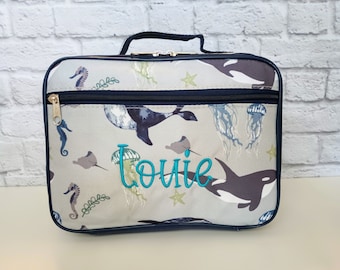 Kids Personalized Monogrammed Lunch Box | Child's Insulated Lunch Bag | Custom Embroidered Lunch Tote | Toddler Snack Bag | Whale Sea Life
