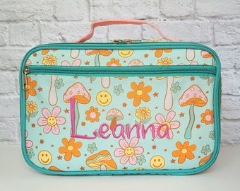 Kids Personalized Monogrammed Lunch Box | Children's Insulated Lunch Tote | Custom Embroidered   Toddler Snack Bag | Flowers & Mushrooms