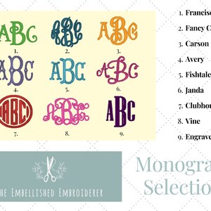 Może przedstawiać: Pokazano dziewięć r&oacute;żnych styl&oacute;w monogram&oacute;w w r&oacute;żnych kolorach. Style są ponumerowane od 1 do 9. Tekst "Monogram Selection" znajduje się na dole obrazu.