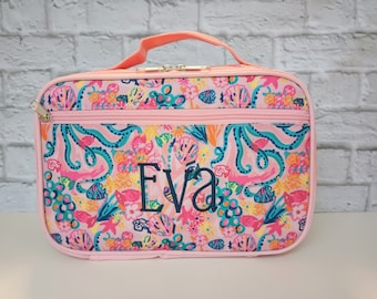 Kids Personalized Monogrammed Lunch Box | Children's Insulated Lunch Tote | Custom Embroidered | Toddler Snack Bag | Pink Ocean Design