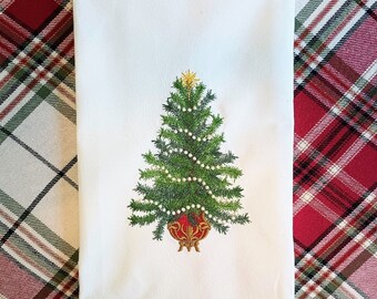 Embroidered Christmas Tree Flour Sack Towel, Winter Holiday Tea Towel, Xmas Décor Guest Towel, X-MAS Hostess Gift, Christmas Kitchen Towel