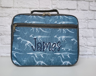 Kid Personalized Monogrammed Lunch Box | Child's Insulated Lunch Bag | Custom Embroidered Lunch Tote | Toddler Snack Bag | Dinosaur Fossils