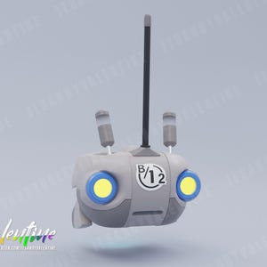 Könnte beinhalten: Ein grauer Roboter mit einer schwarzen Antenne, zwei blauen Augen mit gelben Lichtern und einem weißen Aufkleber mit der Aufschrift "B/12".