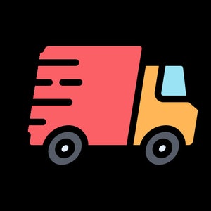 May include: A vector illustration of a delivery truck. The truck has a red cargo area with speed lines, an orange cab, blue windows, and gray wheels. The background is solid black.